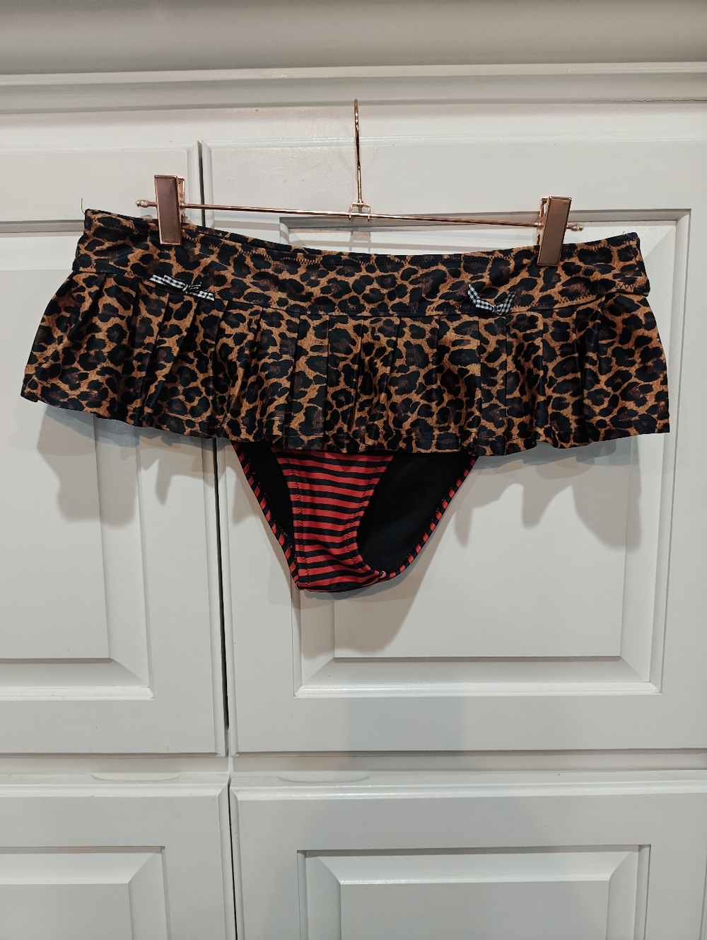 Leopard Ruffle Swim Skirt with Red Black Stripe Bikini Bottom
